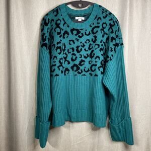 NINE WEST Women’s Knit Crewneck Pullover Sweater Size XL - Teal/Animal Print